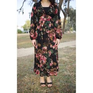 OneTheLand Womens Black Pink Floral V-Neck Long Sleeve Midi Dress Sz L /#26304